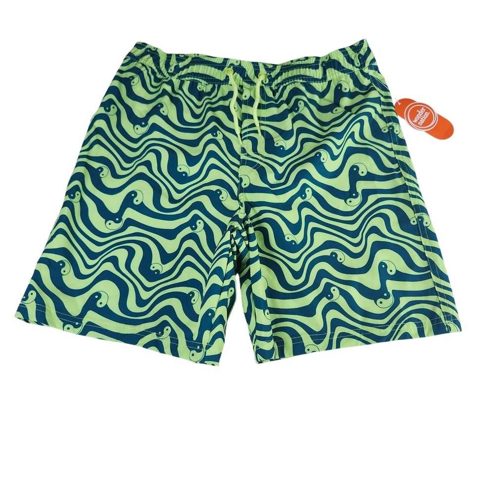 Wonder Nation Swim Shorts Lime Green Teal Wavy Yin Yang XL 14-16 Boys Swim Trunk